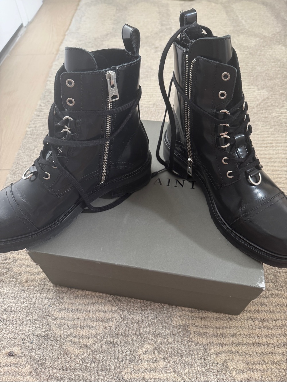 All Saints Black Patent Leather Combat Boots - Picture 3 of 8